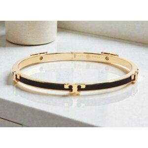 Tory Burch Black & Gold Enamel Serif Bangle Bracelet